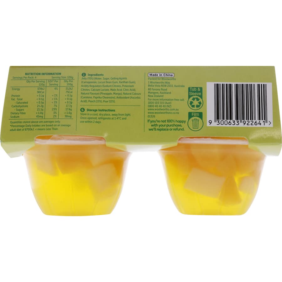 Woolworths Fruit Snack with two fruits in tropical jelly, featuring real fruit pieces for a guilt-free, tasty treat.