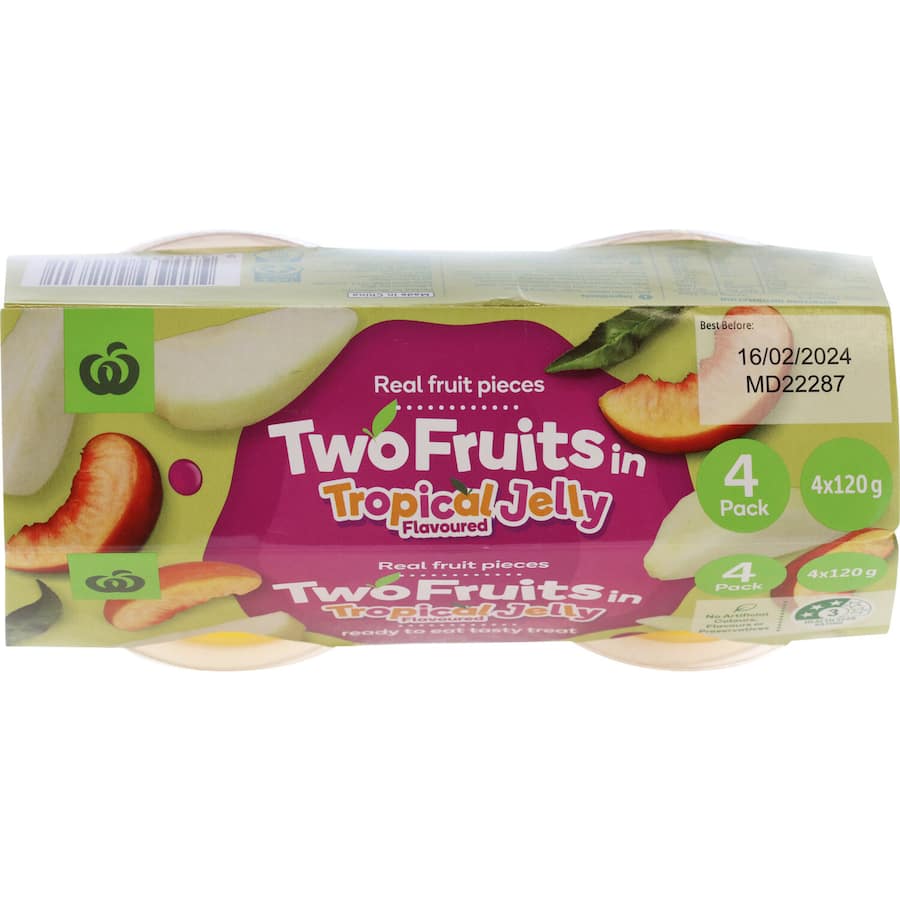 Woolworths Fruit Snack with real fruit in tropical jelly, a guilt-free, ready-to-eat treat with no artificial additives.