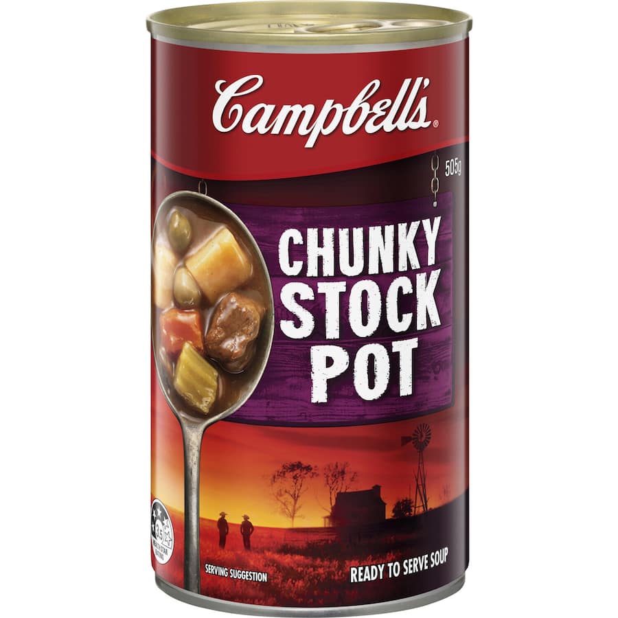 Hearty Campbell's Chunky Soup Stockpot in a can, packed with savory meats and vegetables for a quick, satisfying meal.