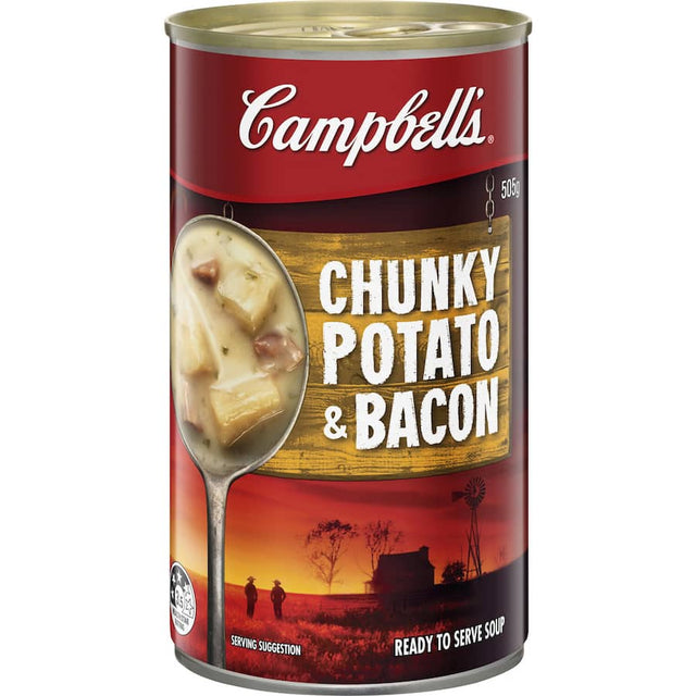 A can of Campbell's Chunky Potato & Bacon Soup, showcasing hearty potatoes and smoky bacon in savory broth.