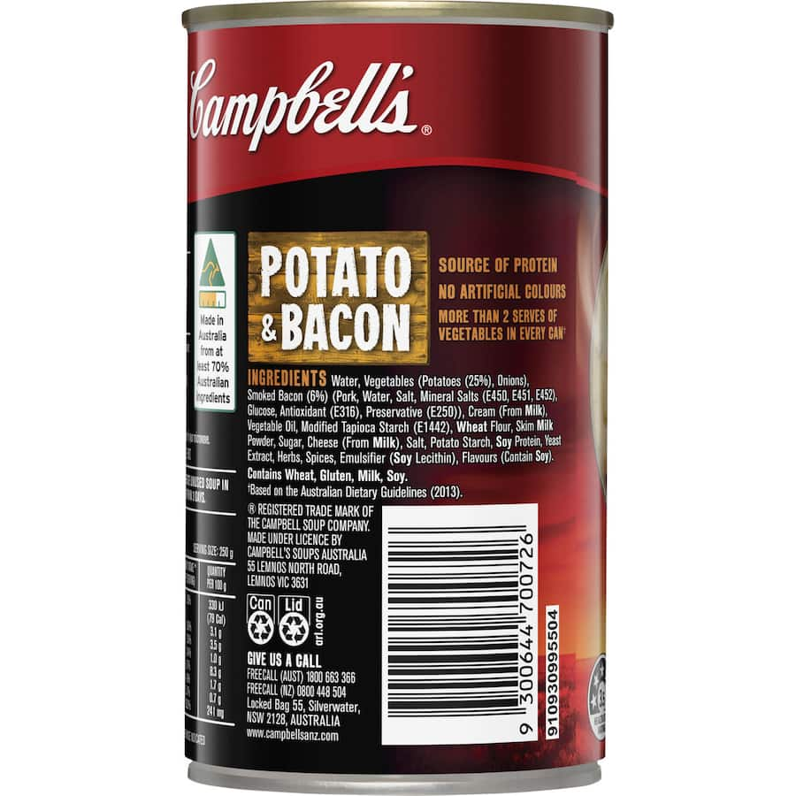 Campbell's Chunky Potato & Bacon soup, showcasing tender potatoes and smoky bacon in a savory broth for hearty comfort.