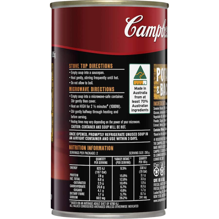 Campbell's Chunky Potato & Bacon soup can, showcasing rich flavors with tender potatoes and smoky bacon for hearty meals.