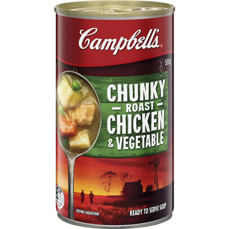 Hearty Campbell's Chunky Chicken & Vegetables soup, 98% fat-free, with tender chicken and vibrant veggies in rich broth.