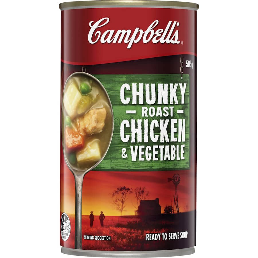 Hearty Campbell's Chunky Soup with chicken, vegetables, and creamy broth, a comforting meal option, ready in minutes.