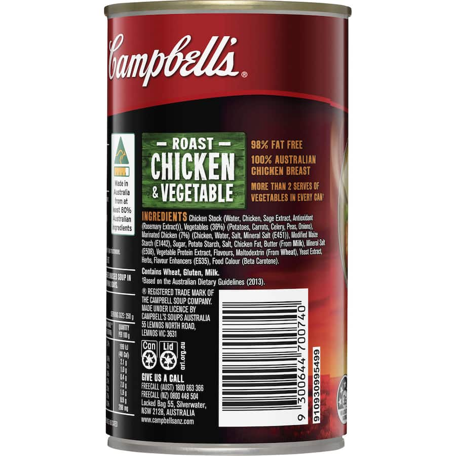 A can of Campbell's Chunky Soup with chicken and vegetables, offering hearty comfort with 98% fat-free and no preservatives.