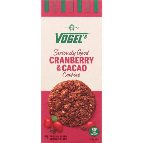 Vogel's Cookies with Cranberry and Cacao offer a crunchy, nutritious snack filled with whole grains and natural flavors.