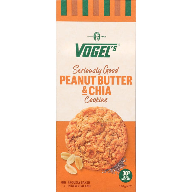 Vogels Cookies Peanut Butter & Chia: gluten-free, vegan cookies blending creamy peanut butter with nutritious chia seeds.