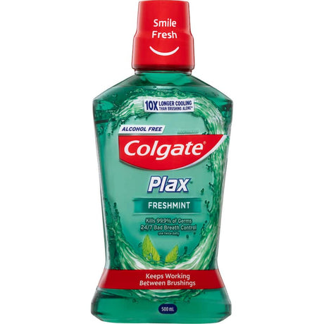 Colgate Plax Antibacterial Mouthwash in Fresh Mint flavor, kills 99.9% of germs for long-lasting fresh breath and oral health.
