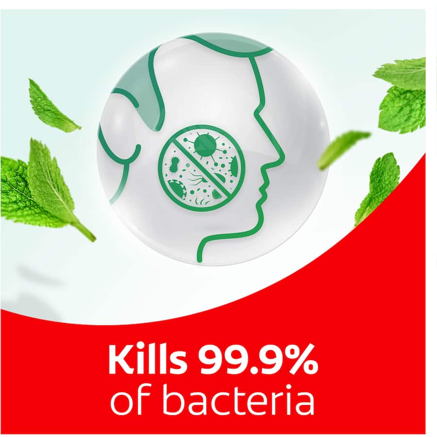 Colgate Plax Antibacterial Mouthwash Rinse Fresh Mint kills 99.9% of germs, offering 24/7 freshness and a refreshing peppermint flavor.