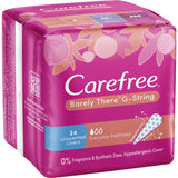 Carefree Barely There Panty Liners designed for G-strings; ultra-thin, breathable, flexible, and unscented for all-day comfort.