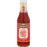 Trident Sweet Chilli Sauce bottle showcasing its authentic Thai recipe, perfect for enhancing meats and seafood.