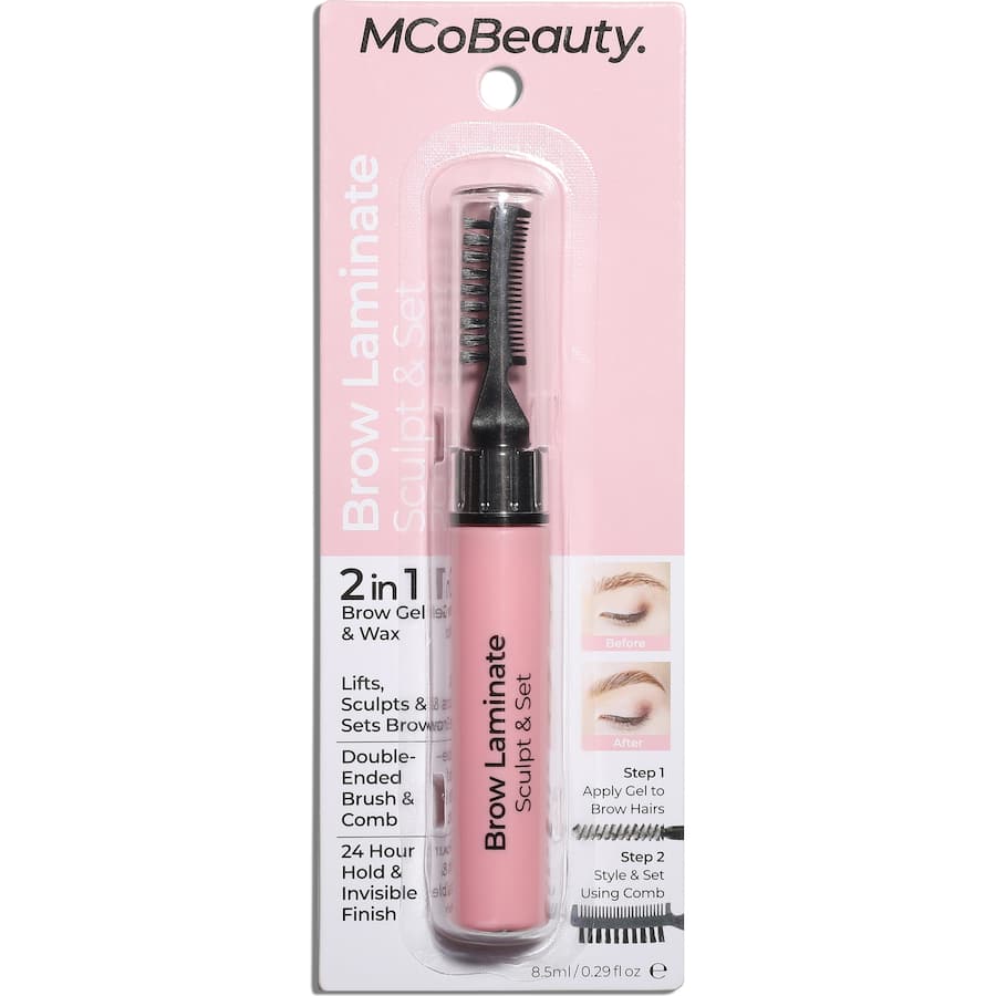 MCoBeauty Brow Laminate Sculpt & Set: gel-wax hybrid for all-day hold, shapes brows with included brush and comb.