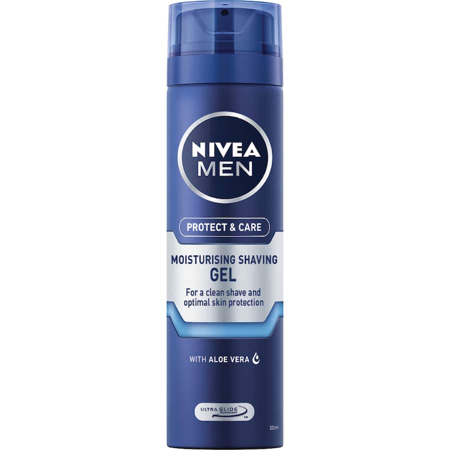 Nivea Men Moisturising Shaving Gel with Aloe Vera for a smooth, close shave, enriched with Pro-Vitamin B5 for skin hydration.