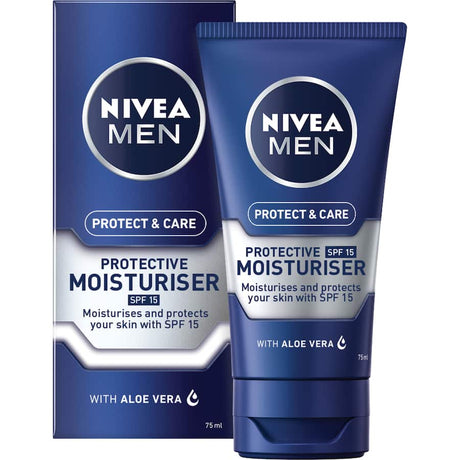 Nivea For Men Facial Moisturiser with SPF 15, enriched with Aloe Vera and Pro-Vitamin B5 for hydration and sun protection.