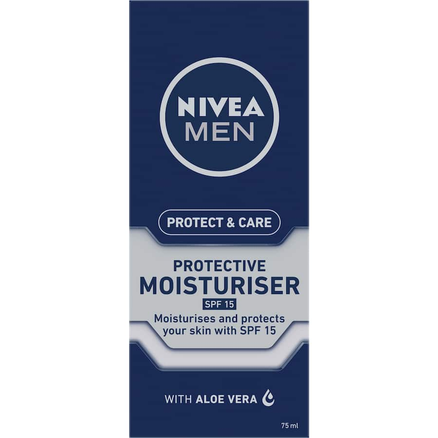 Nivea For Men Facial Moisturiser SPF 15, a non-greasy moisturizer with Aloe Vera, offers protection and hydration for all skin types.