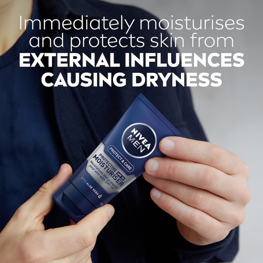 Nivea For Men Facial Moisturiser SPF 15, a non-greasy cream with Aloe Vera, offers hydration and UV protection for daily skin care.