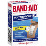 Waterproof Band-Aid Tough Strips with Quilt-Aid Technology for reliable, non-stick protection against dirt and germs.