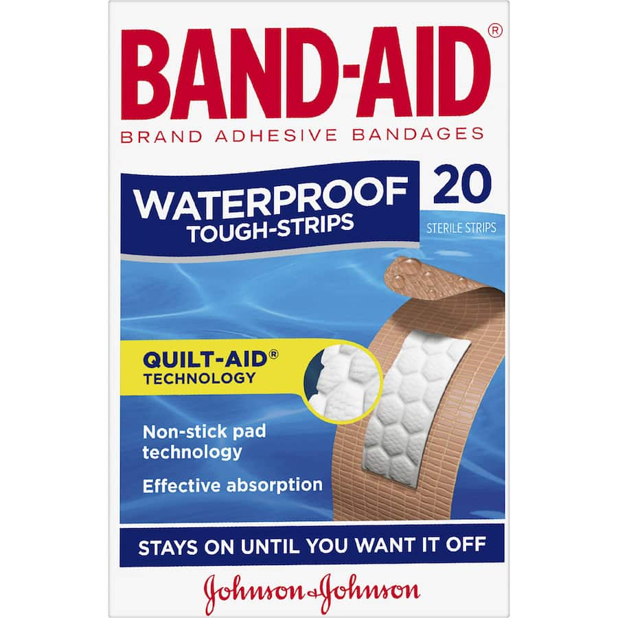 Waterproof Tough Strips bandages with Quilt-Aid Technology for maximum comfort and protection against water and germs.