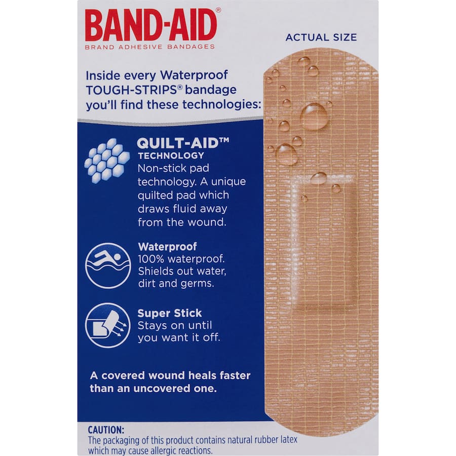 Waterproof Tough Strips bandages with Quilt-Aid Technology for comfortable, non-stick wound protection during any activity.