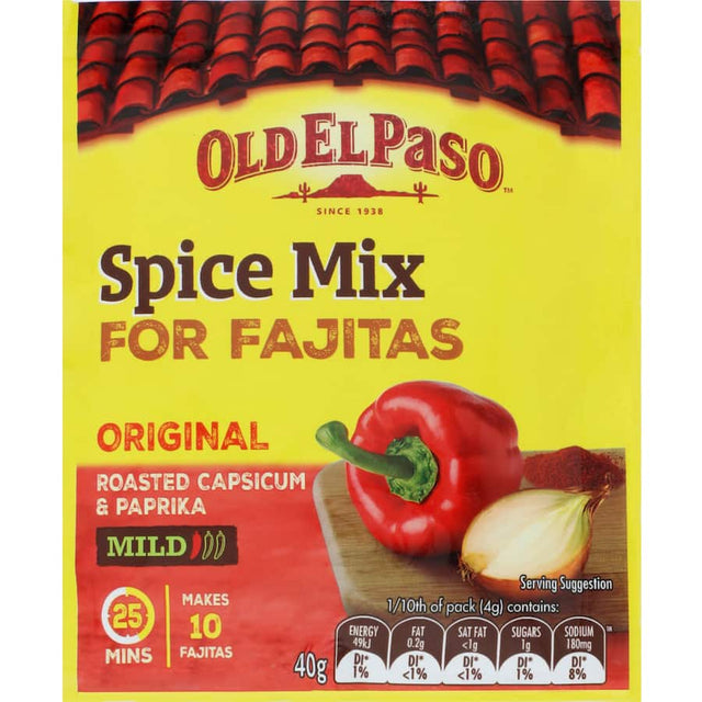 Old El Paso Mexican Fajita Seasoning packet showcasing a blend of authentic spices for flavorful, smoky fajitas.