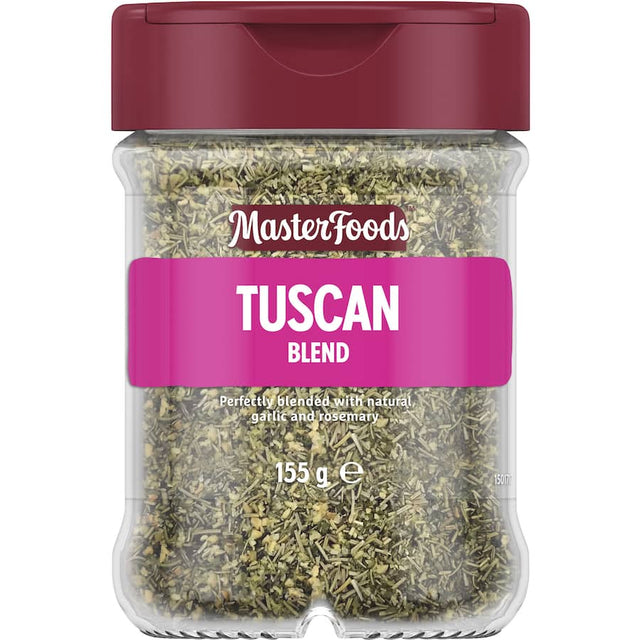 Glass shaker jar of Masterfoods Tuscan Seasoning, a gourmet blend of garlic, pepper, and rosemary for authentic Tuscan dishes.