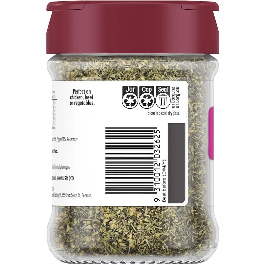 A glass jar of Masterfoods Tuscan Seasoning, a gourmet blend of garlic, pepper, and rosemary for enhancing Tuscan dishes.