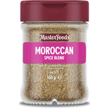 Glass shaker jar of Masterfoods Moroccan Seasoning, featuring a blend of turmeric, paprika, and cumin for flavorful dishes.