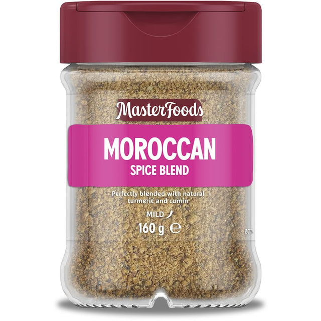 Glass shaker jar of Masterfoods Moroccan Seasoning, featuring a blend of turmeric, paprika, and cumin for flavorful dishes.