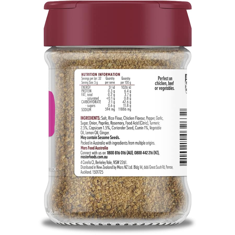 Authentic Masterfoods Moroccan Seasoning blend in a glass shaker, featuring turmeric, paprika, and cumin for flavorful dishes.