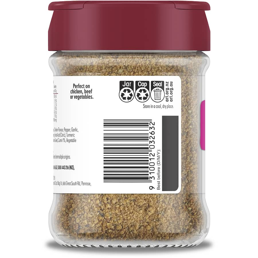 A glass shaker jar of Masterfoods Moroccan Seasoning, featuring a blend of turmeric, paprika, and cumin for exotic flavor.