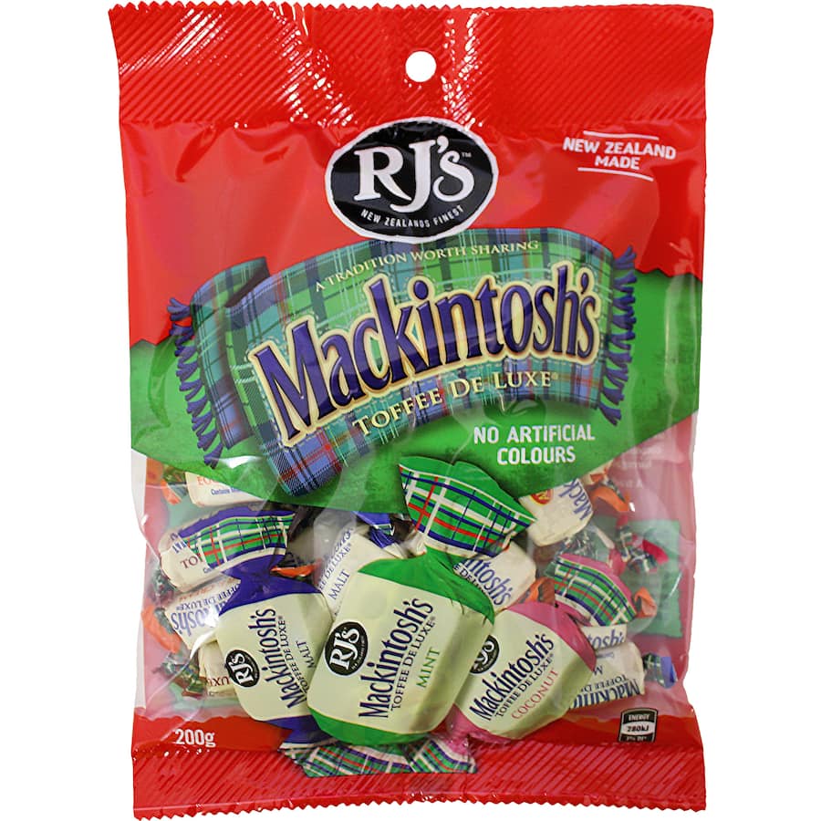 Luxurious Rj's Mackintosh's Toffee Deluxe 200g with six assorted toffees, crafted without artificial colors for a rich, buttery taste.