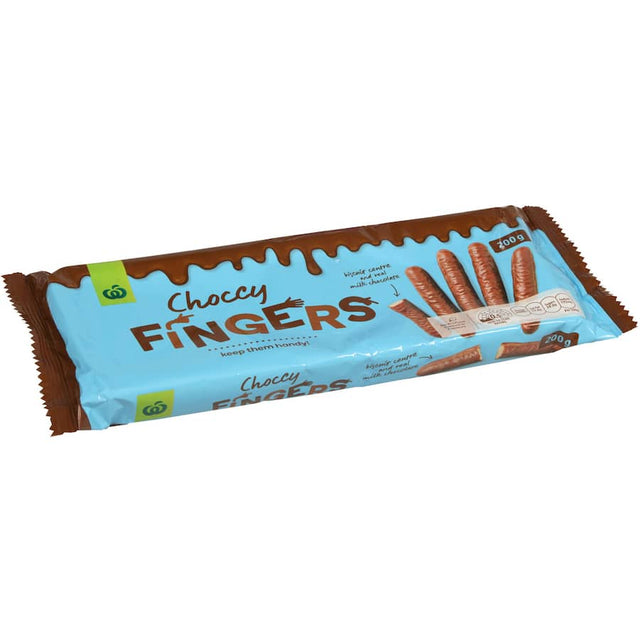 Woolworths Chocolate Biscuits Choccy Fingers: crisp, slender biscuits covered in smooth milk chocolate, perfect for snacks or tea.