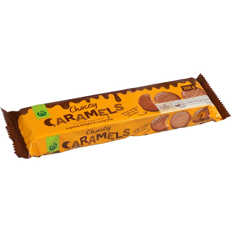 Woolworths Choccy Caramel Biscuits, creamy milk chocolate with caramel toffee, perfect for indulgent snacking.