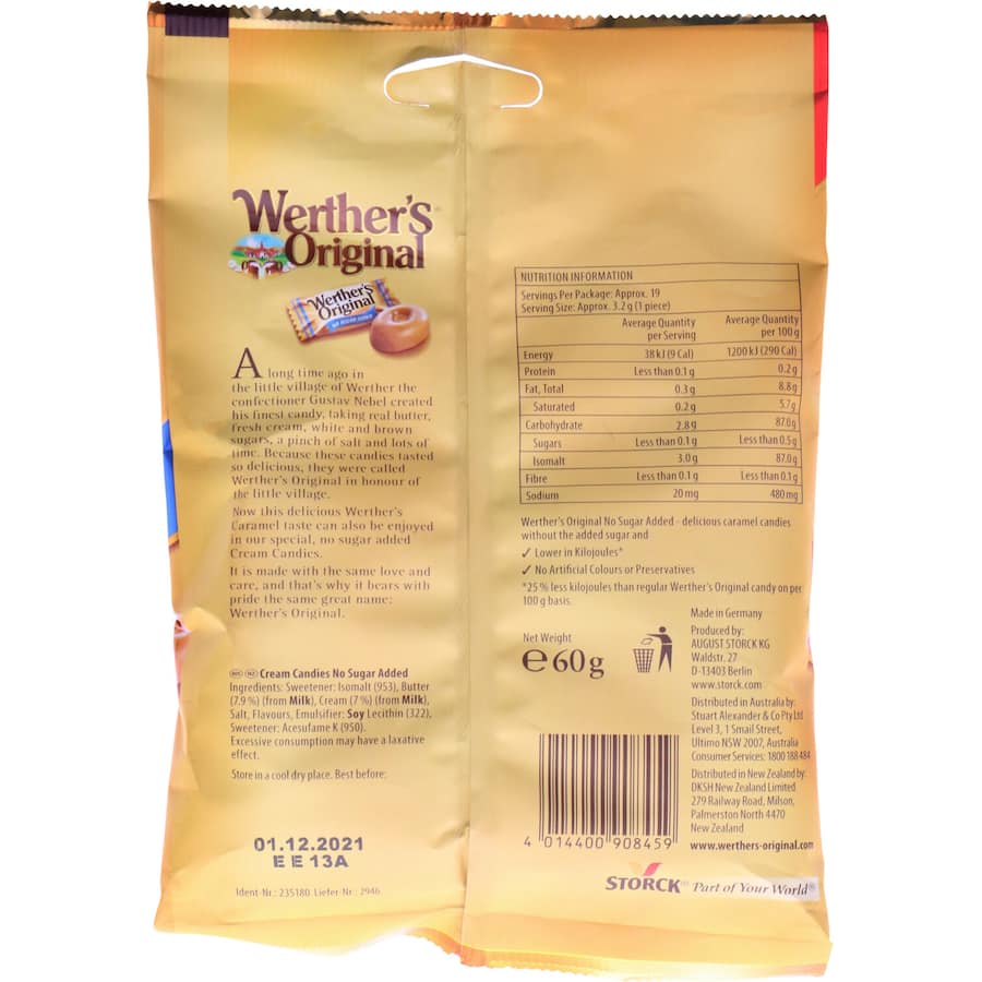 Werther's Original Toffee Sugar Free candies, rich buttery toffee flavor without sugar, perfect for guilt-free indulgence.