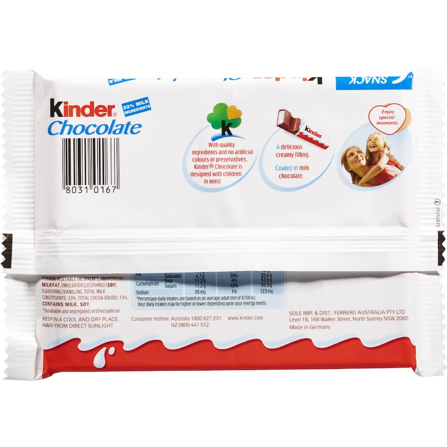 Individually wrapped Kinder Chocolate Bar Milk with creamy filling, perfect treat for chocolate lovers on the go.