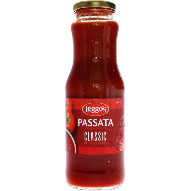 Richly flavored Leggo's Passata Classic Tomato sauce, perfect for enhancing casseroles, pasta, and pizza dishes.