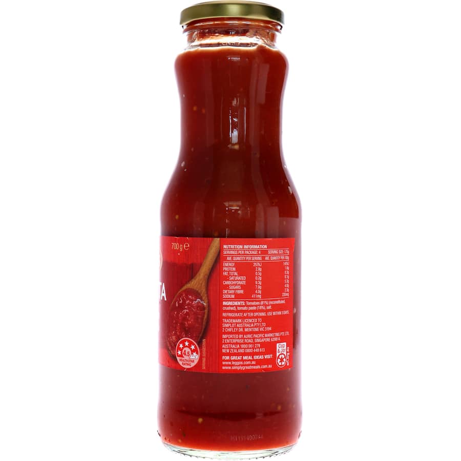 Leggo's Passata Classic Tomato, a premium tomato sauce for casseroles, pizzas, and pasta, made from juicy red tomatoes.