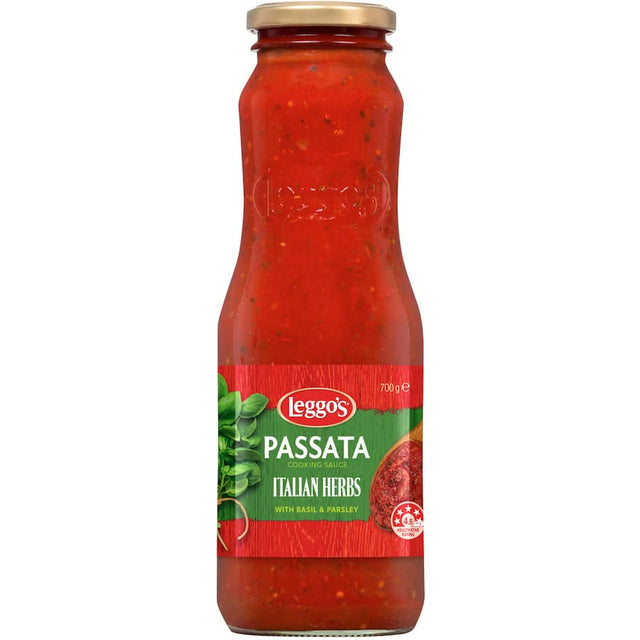 Leggo's Passata Italian Herb & Basil, a rich tomato sauce infused with basil for authentic Italian flavor in various dishes.