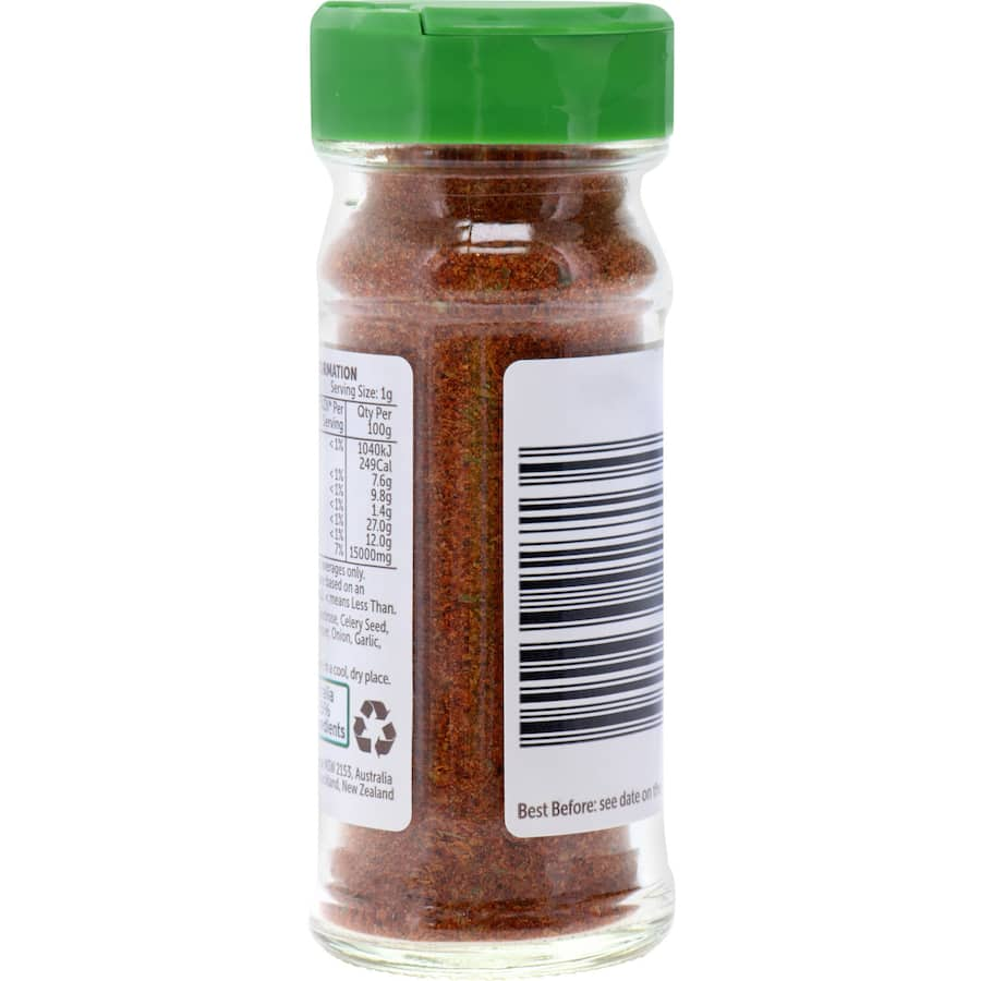 Woolworths Cajun Seasoning container, 35g, showcasing a spicy blend for enhancing meats and vegetables, free from artificial additives.