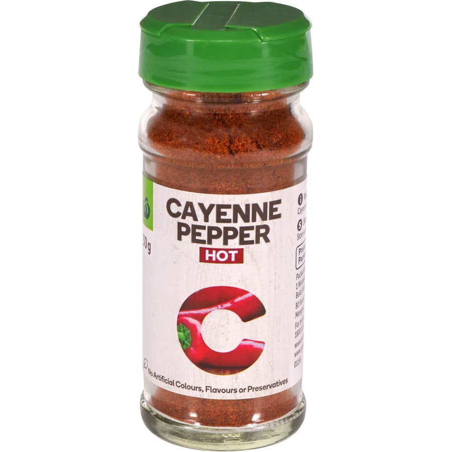 Woolworths Cayenne Pepper 30g spice jar for enhancing dishes with natural heat and bold flavor, ideal for meats and veggies.