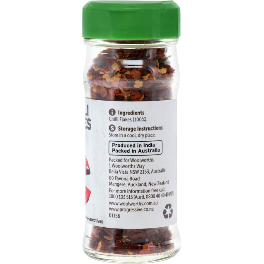 Woolworths Chilli Flakes in a 30g pack, offering premium heat for soups, stews, and marinades without artificial additives.