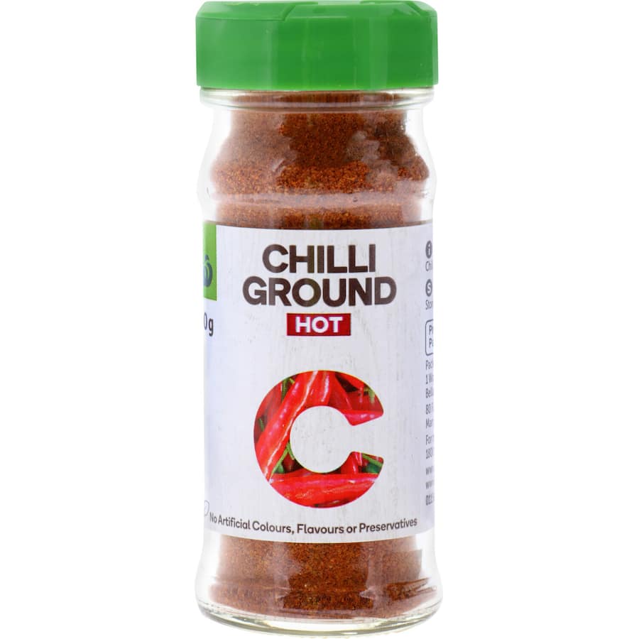 Woolworths Chilli Ground 30g, premium spice for adding heat and flavor to dishes like chilli con carne, no artificial additives.