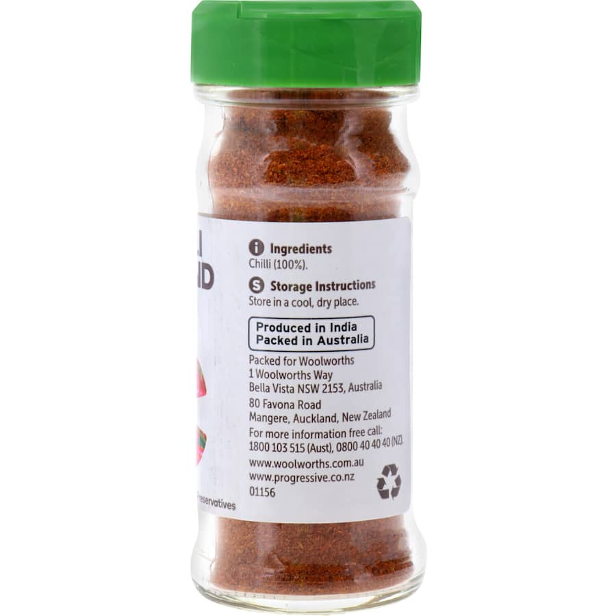 Woolworths Chilli Ground 30g spice jar, ideal for adding heat to dishes like chilli con carne, free from artificial additives.