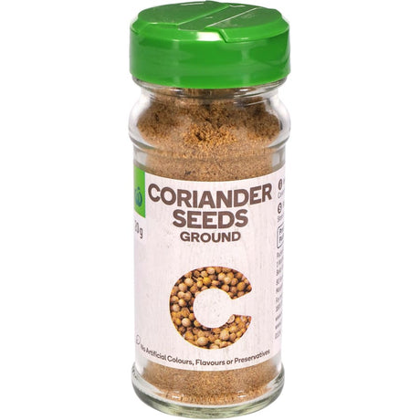 Pack of Woolworths Ground Coriander Seeds (20g) for enhancing dishes with warm, citrusy flavor, ideal for various cuisines.