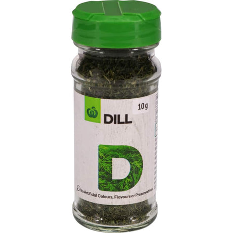 Woolworths Dill Flaked Leaves in a 10g can, perfect for enhancing seafood, salads, and dips with vibrant flavor.