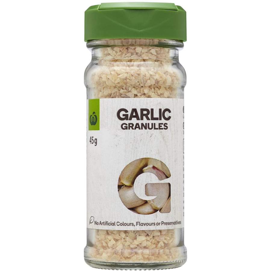 Woolworths Garlic Granules in a 45g pack, ideal for seasoning meats and vegetables, free from artificial additives.