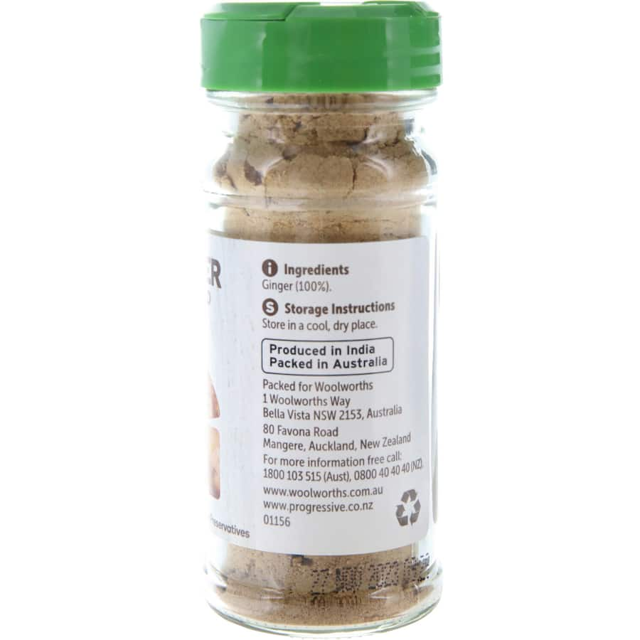 Woolworths Ginger Ground 25g pack, perfect for baking and spice blends, enhancing dishes with zesty ginger flavor.