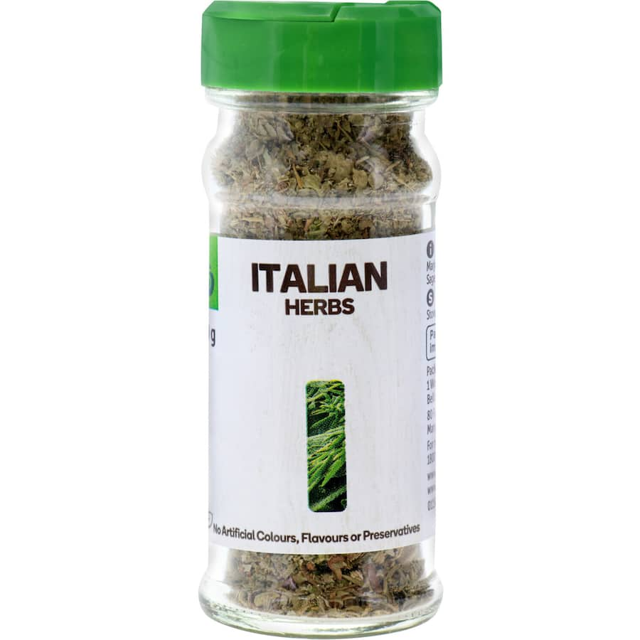 Woolworths Italian Herbs blend of marjoram, rosemary, thyme, sage, oregano, and basil for authentic Italian flavor in dishes.