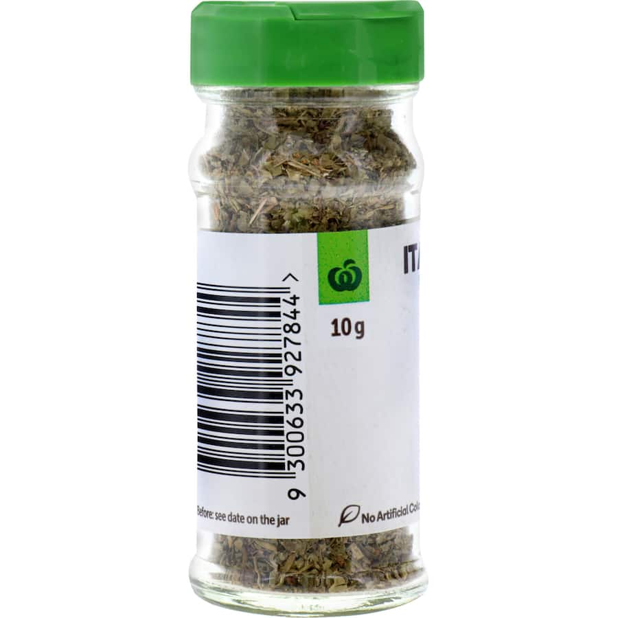 Aromatic blend of marjoram, rosemary, thyme, sage, oregano, and basil for enhancing Italian dishes and pasta sauces.