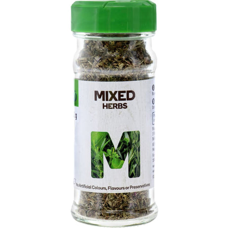 A blend of premium dried herbs including thyme, rosemary, and basil, enhancing flavors in various dishes.